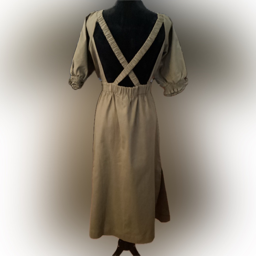 Line and dot;olive green long dress, cross straps open back & splits Size L NWOT